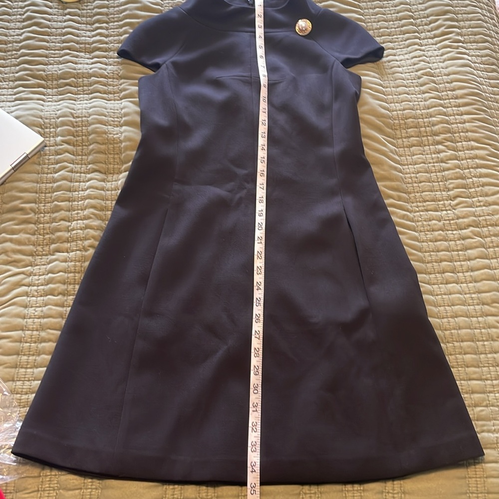 Audrey Hepburn style classy a-line black lined dress with pearl brooch embelish - Picture 4 of 6